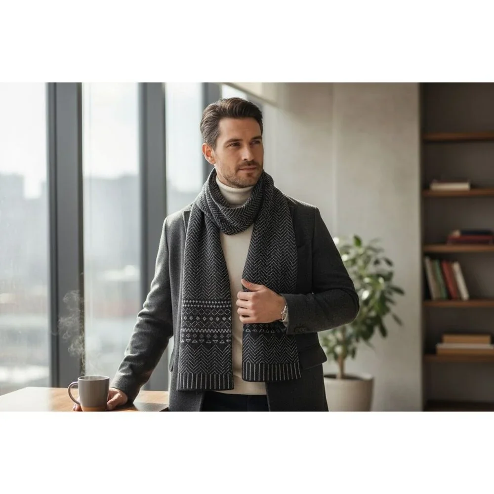 Mens Black & Gray Knit Wool Scarf With Chevron & Geometric Patterns 63